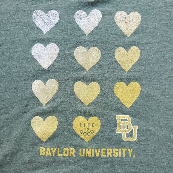 Baylor University V Neck T Shirt Womens L Life is Good Classic Fit Green Hearts - Picture 2 of 9